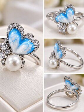 Xuping Laminated Blue Butterfly Ring with Pearl and Crystal Accents Size 8